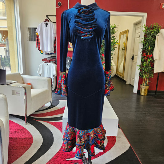 Nuvula Blue Velvet/ Red Jacquard Ruffle Dress