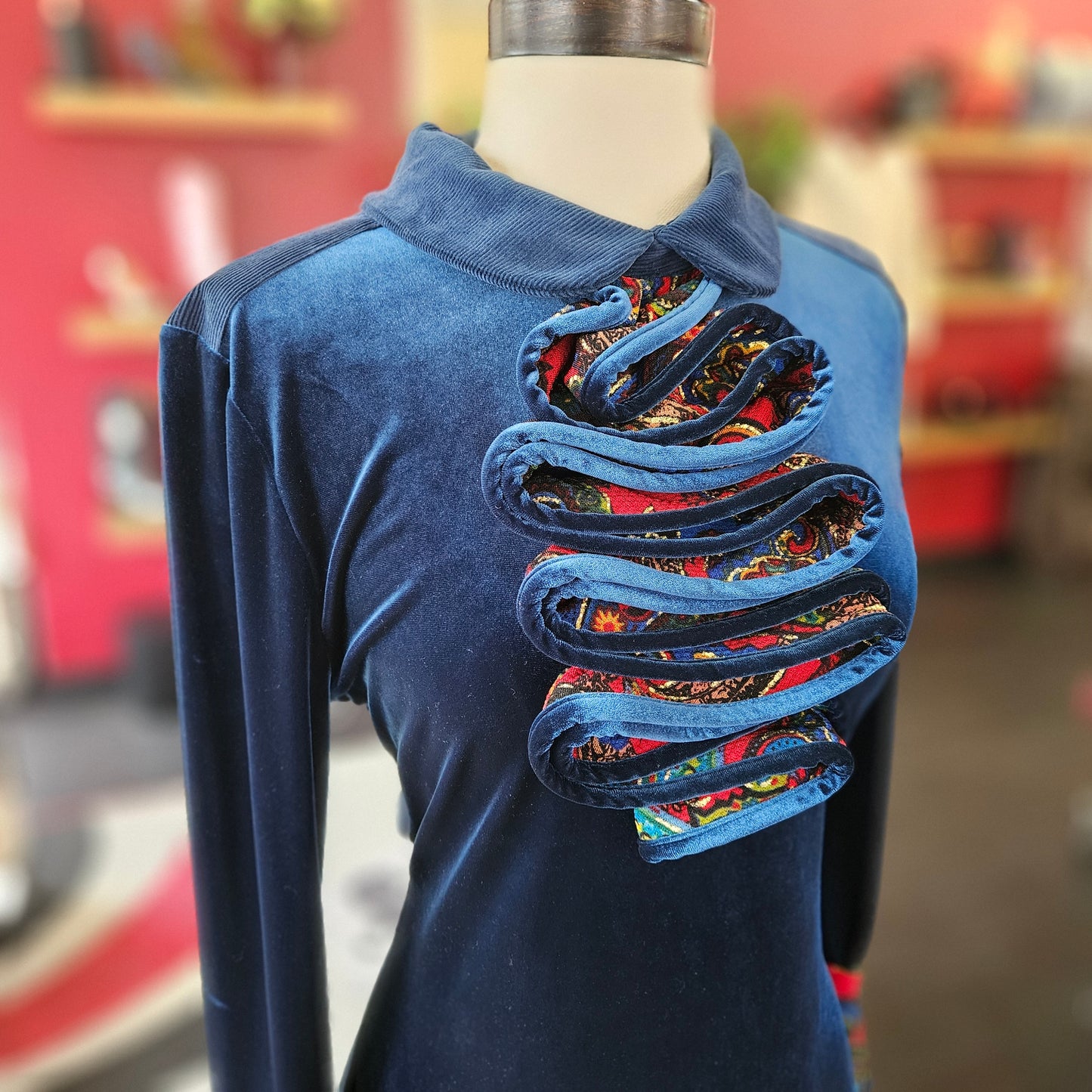 Nuvula Blue Velvet/ Red Jacquard Ruffle Dress