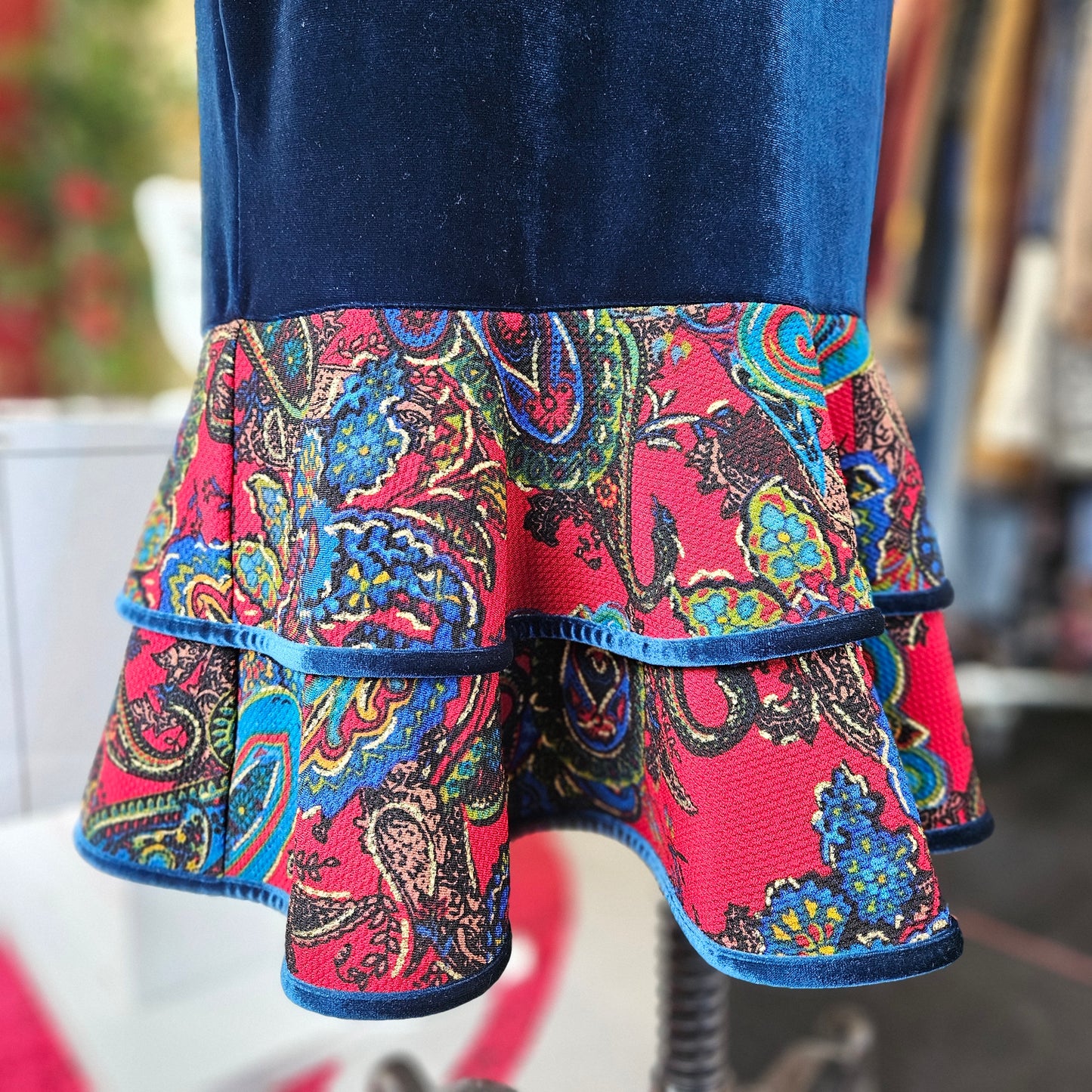 Nuvula Blue Velvet/ Red Jacquard Ruffle Dress