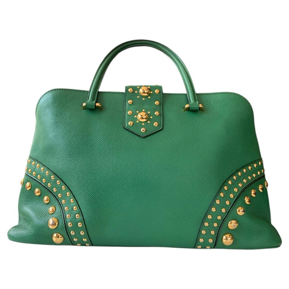 Prada Green Saffiano Cuir Leather Studded Satchel