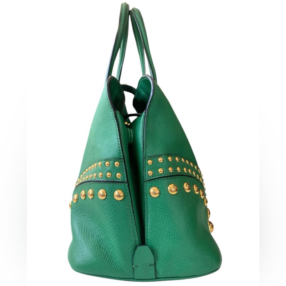 Prada Green Saffiano Cuir Leather Studded Satchel