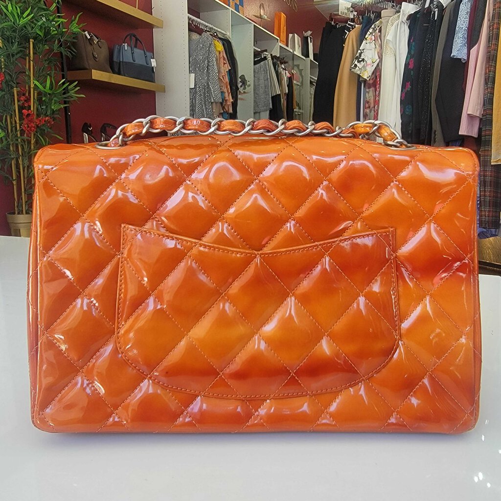 Chanel Orange Quilted Patent Leather Handbag