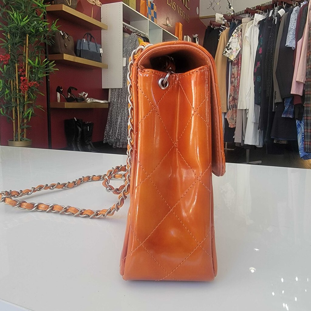 Chanel Orange Quilted Patent Leather Handbag