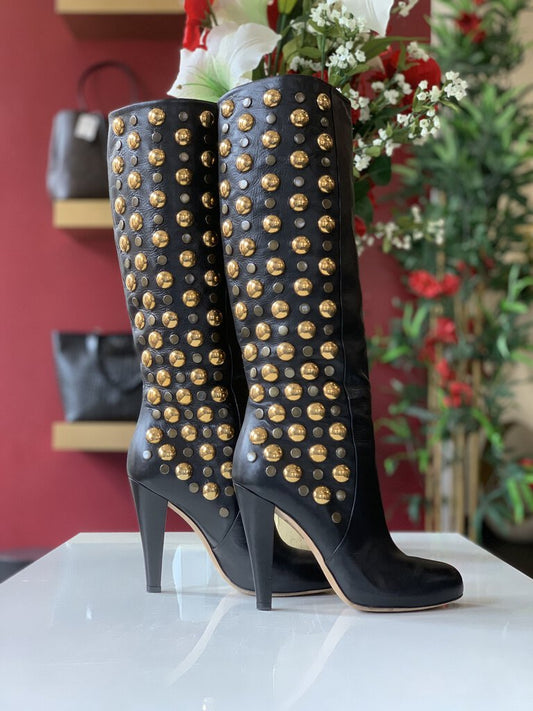 Gucci Black Leather Tall Boots w/ Gold Studs