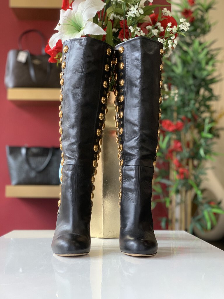Gucci Black Leather Tall Boots w/ Gold Studs