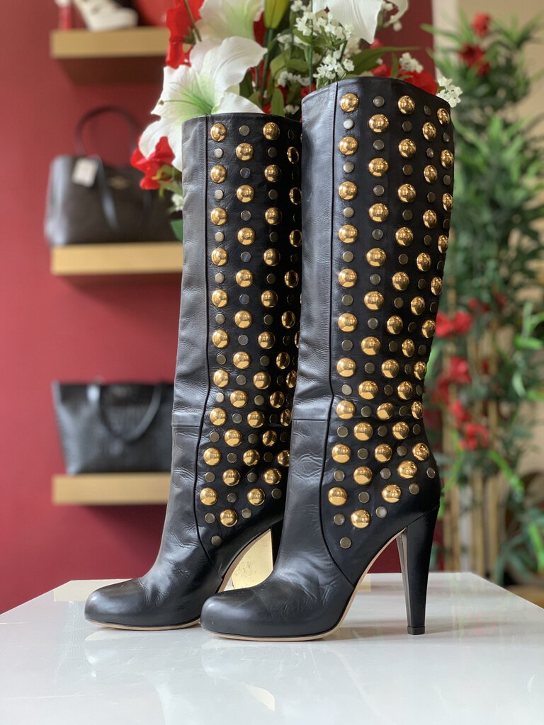 Gucci Black Leather Tall Boots w/ Gold Studs