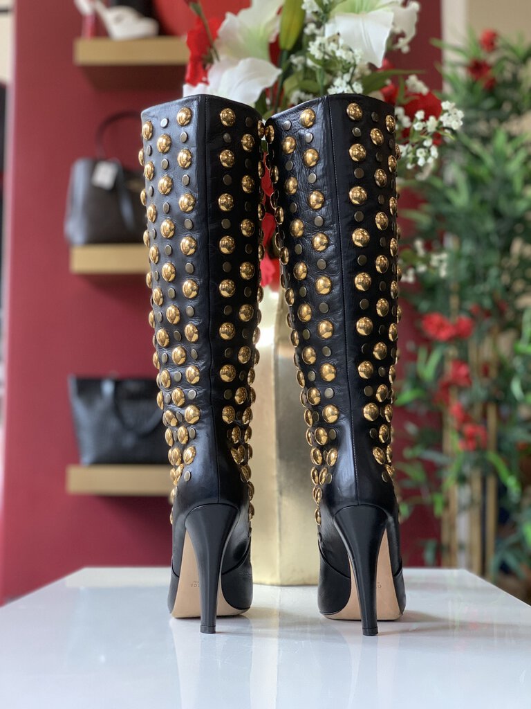 Gucci Black Leather Tall Boots w/ Gold Studs
