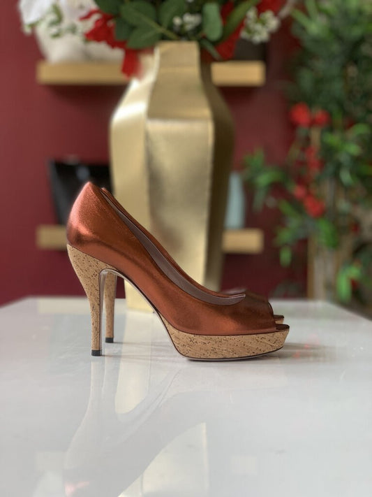 Gucci Brown Metallic Cork Heels