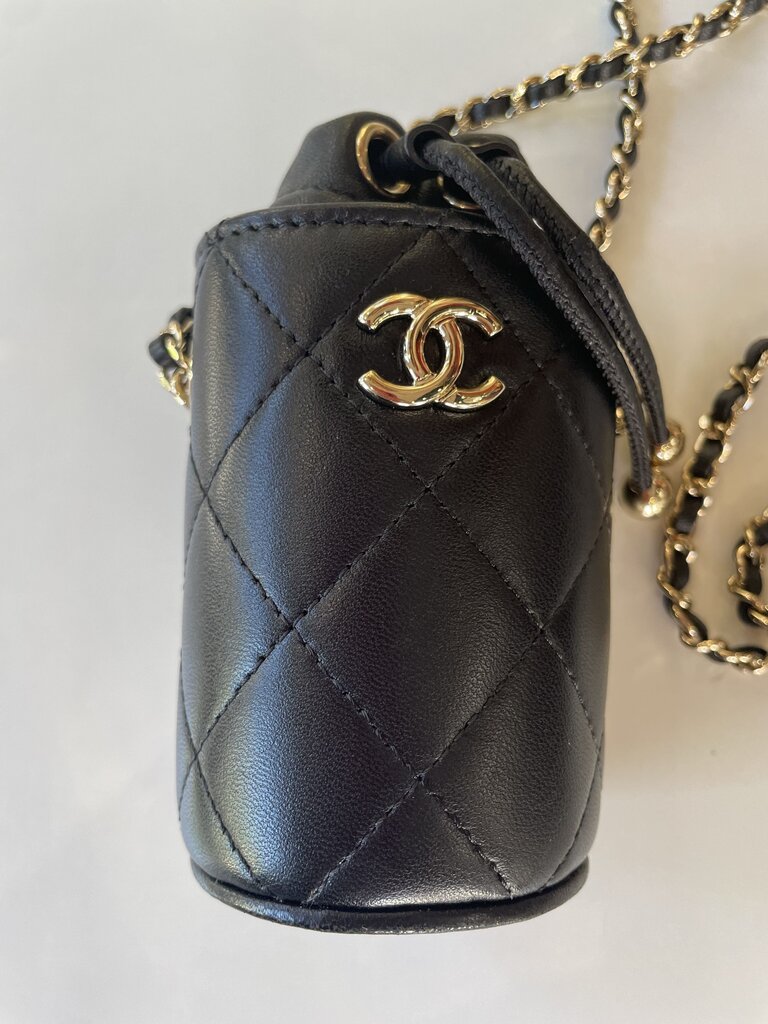 Chanel 2021 Black Lambskin Quilted Mini Bucket