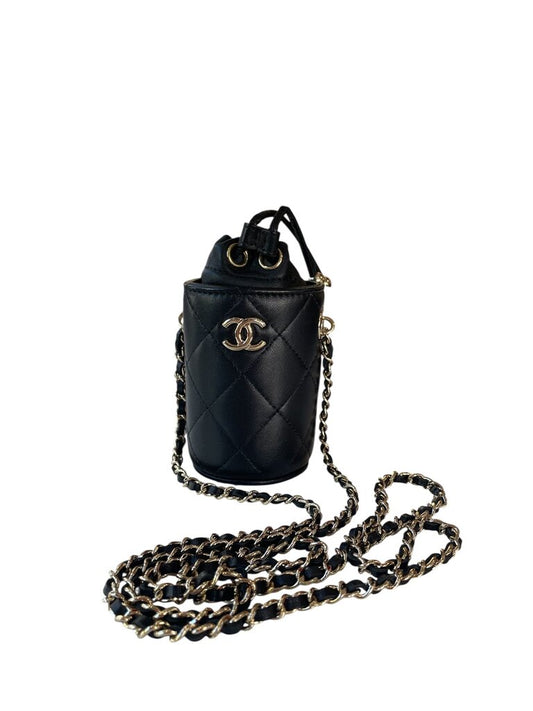Chanel 2021 Black Lambskin Quilted Mini Bucket