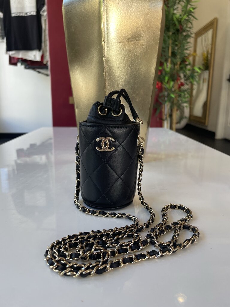 Chanel 2021 Black Lambskin Quilted Mini Bucket