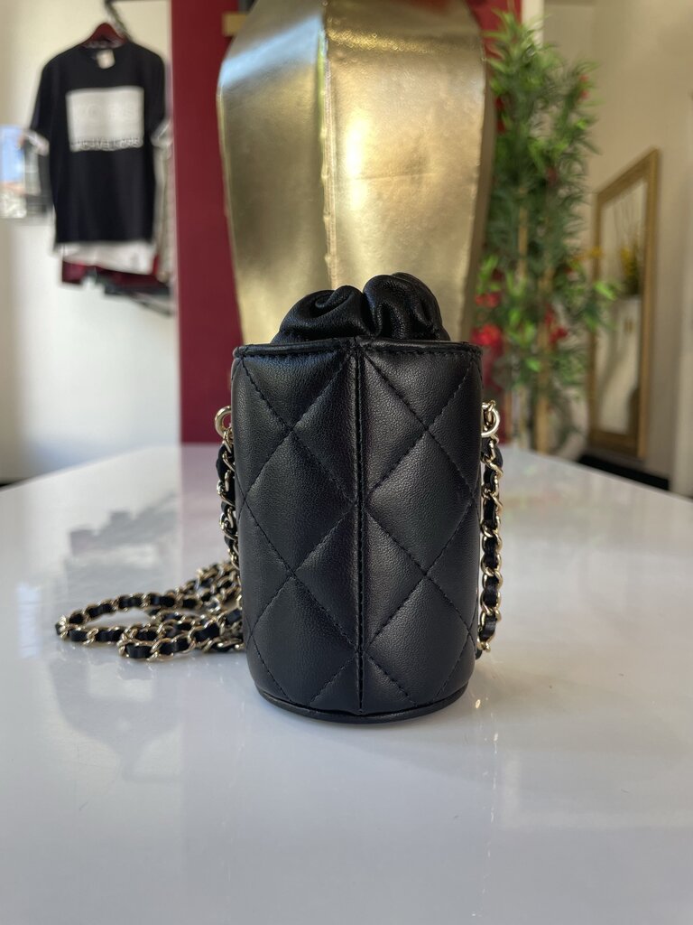 Chanel 2021 Black Lambskin Quilted Mini Bucket