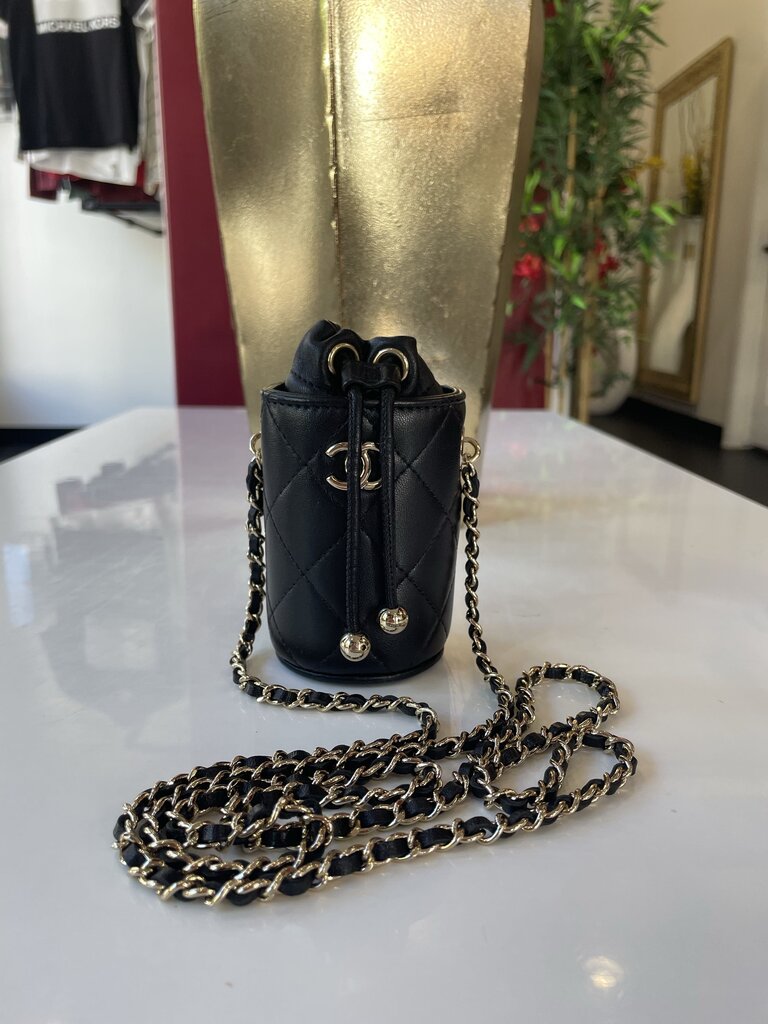 Chanel 2021 Black Lambskin Quilted Mini Bucket