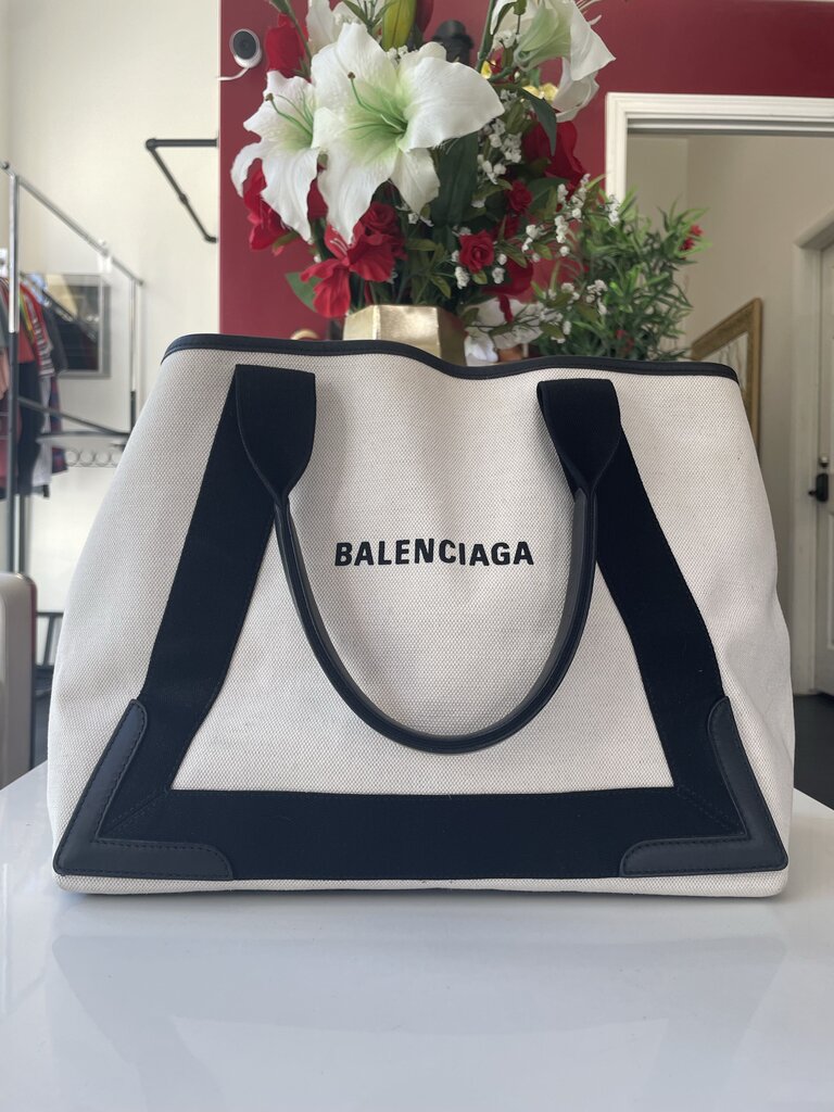 Balenciaga Cream, Black Cabas Canvas Tote Bag