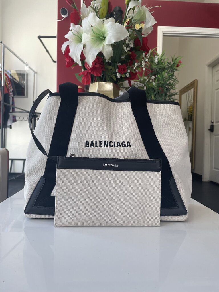 Balenciaga Cream, Black Cabas Canvas Tote Bag