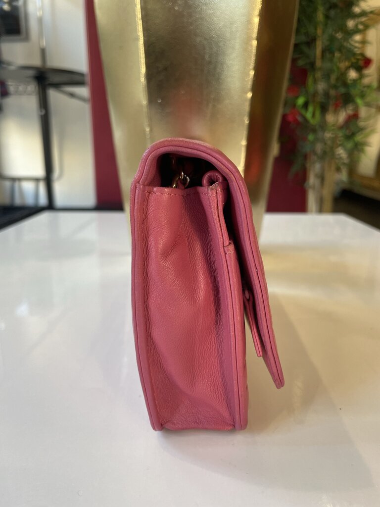 Chanel Pink Lambskin Embossed Camellia Wallet on Chain