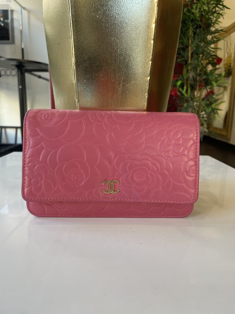 Chanel Pink Lambskin Embossed Camellia Wallet on Chain