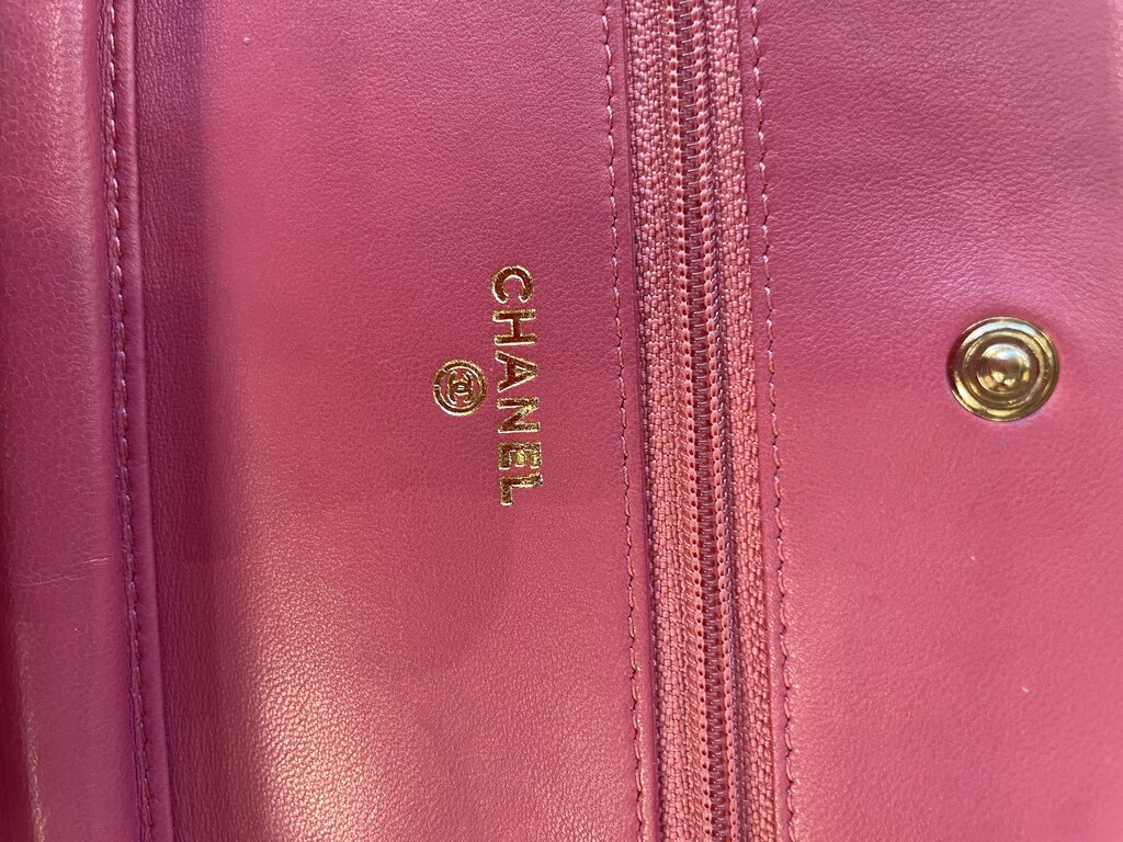 Chanel Pink Lambskin Embossed Camellia Wallet on Chain