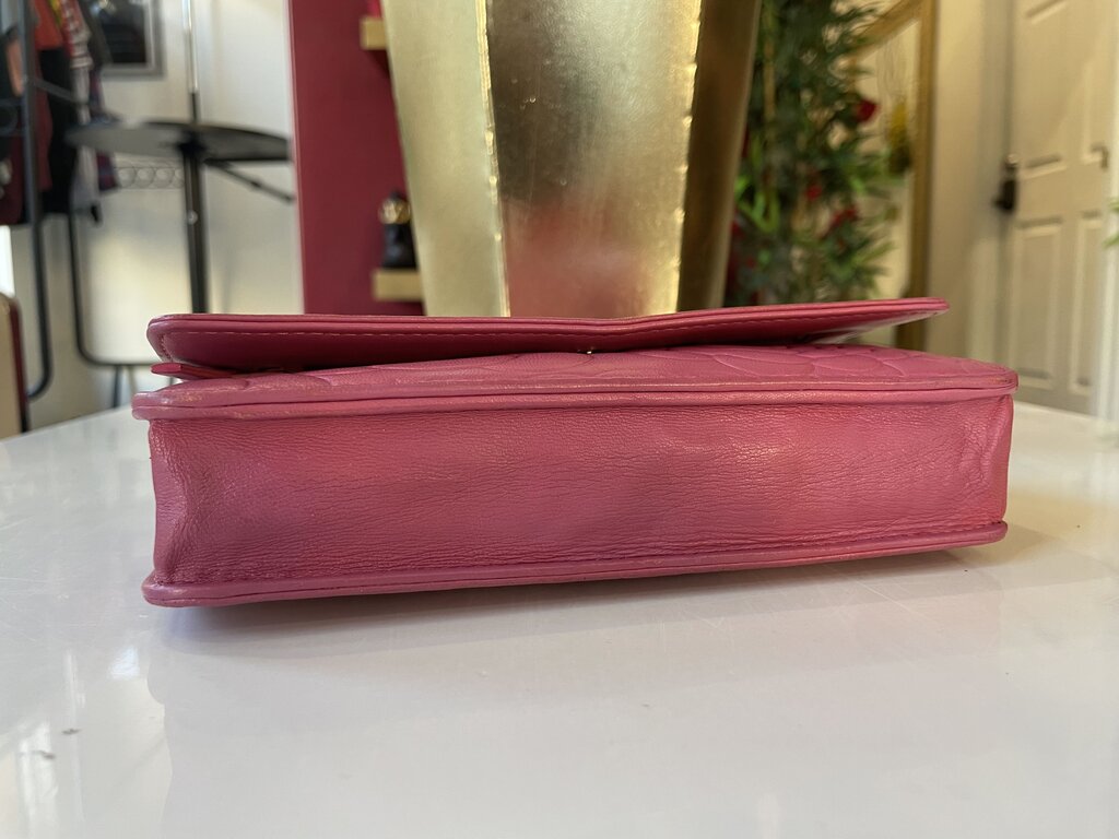 Chanel Pink Lambskin Embossed Camellia Wallet on Chain