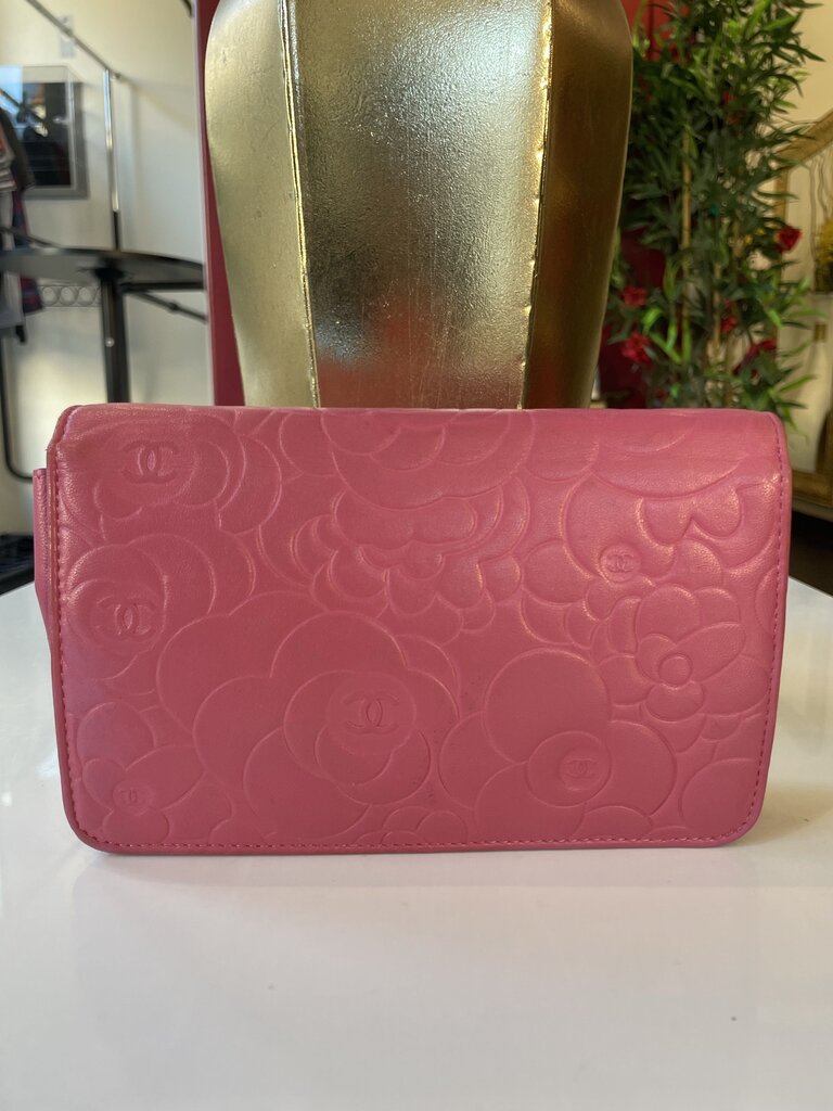 Chanel Pink Lambskin Embossed Camellia Wallet on Chain