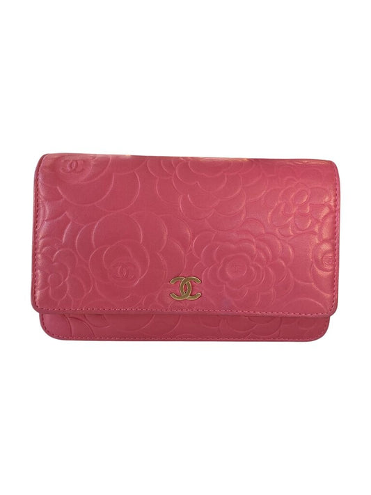 Chanel Pink Lambskin Embossed Camellia Wallet on Chain