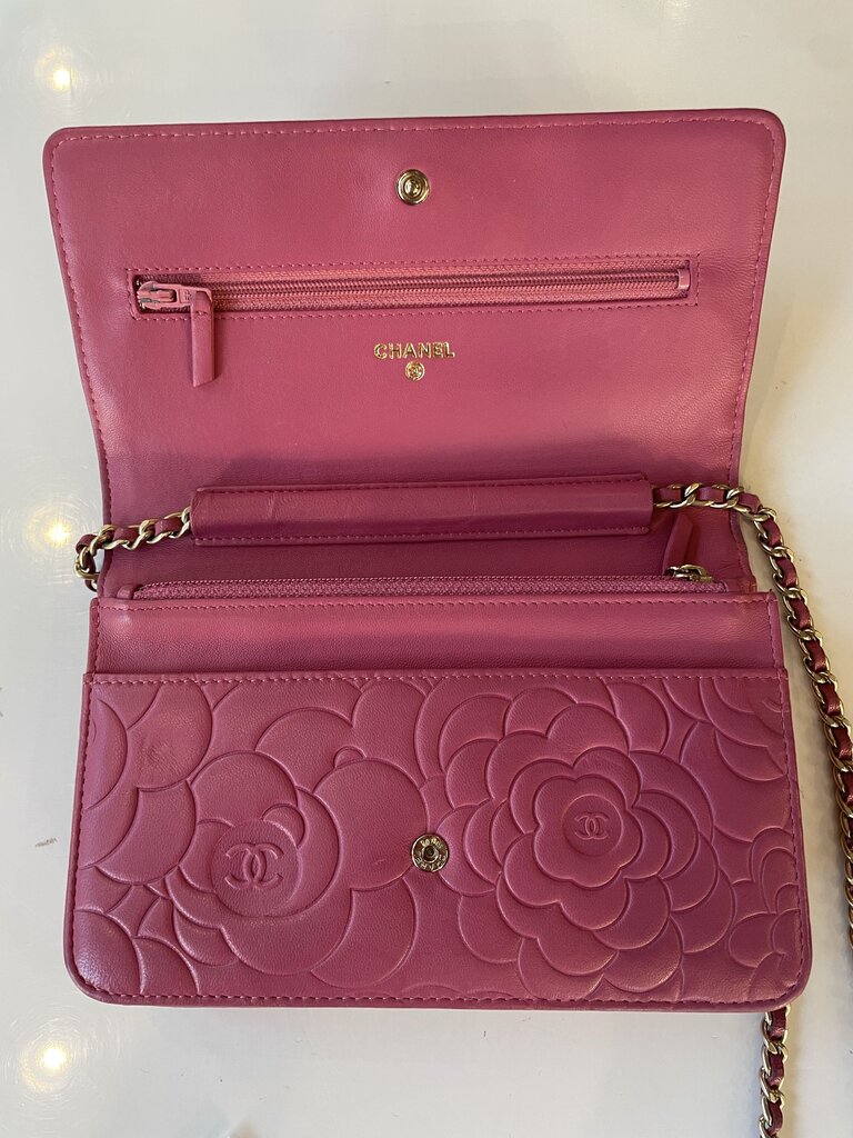 Chanel Pink Lambskin Embossed Camellia Wallet on Chain