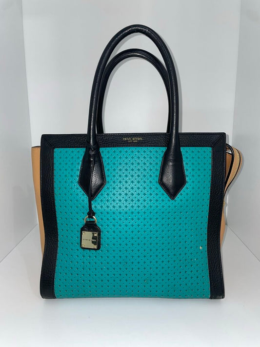 Henri Bendel Turquoise Black Rivington Perforated Tote Bag
