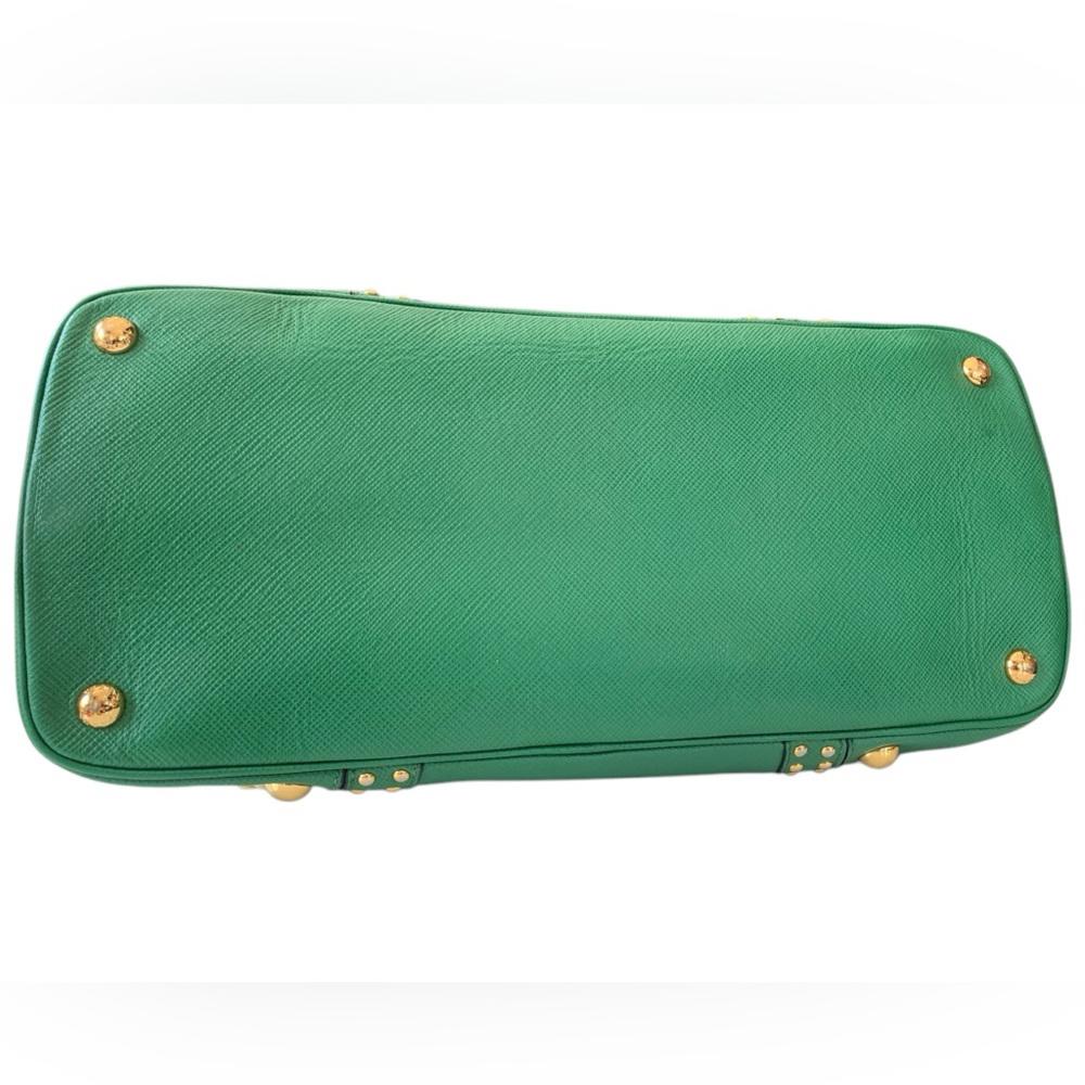 Prada Green Saffiano Cuir Leather Studded Satchel