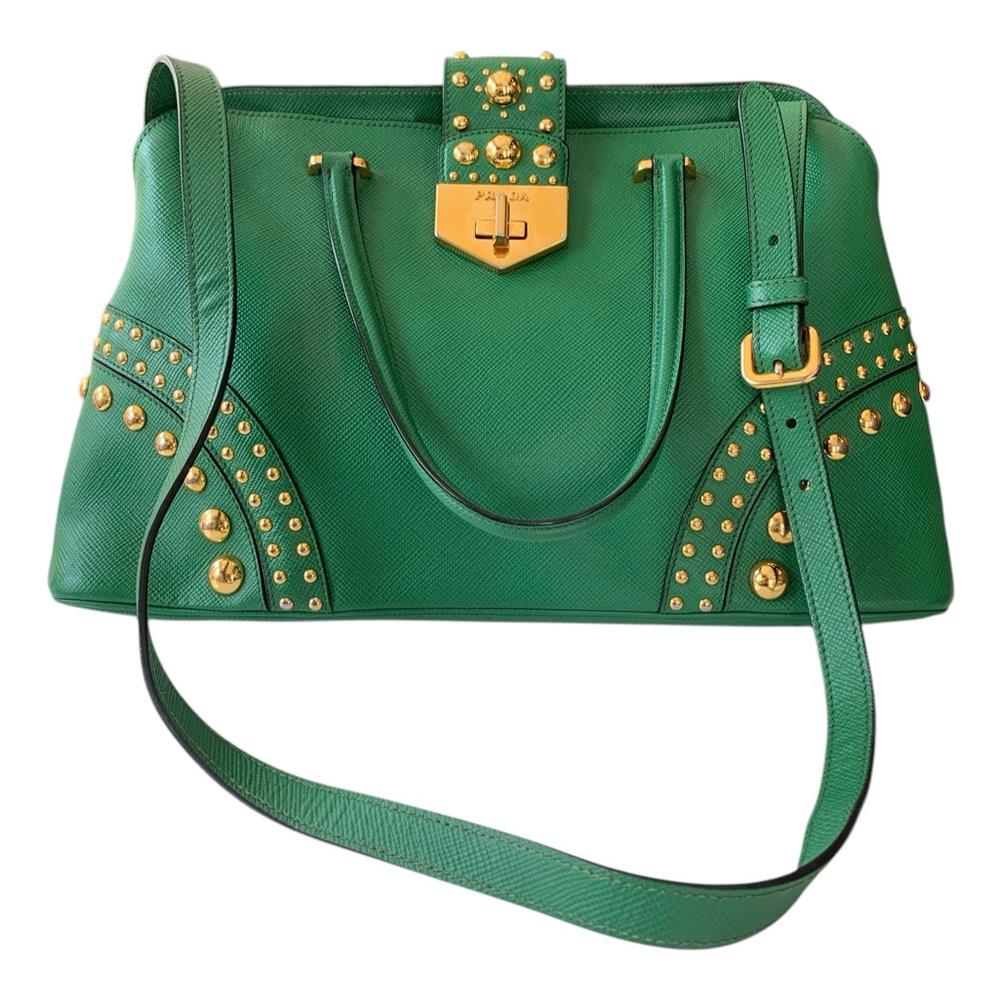 Prada Green Saffiano Cuir Leather Studded Satchel
