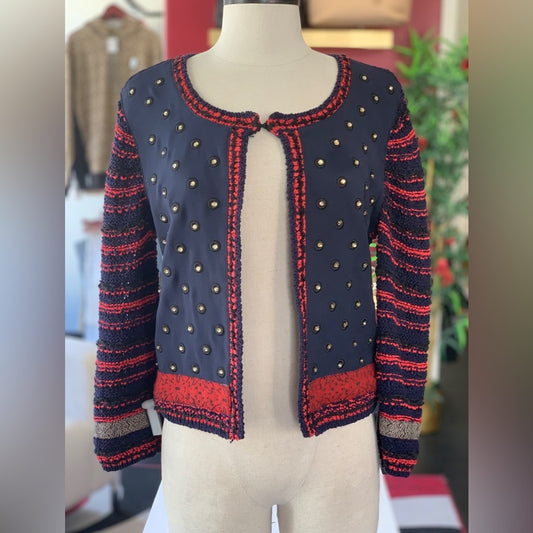 Sachem + Babi Navy Red Rhinestone Knit Sweater