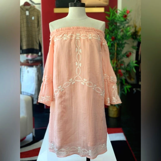 Foxiedox Pink White Embroided Off Shoulder Dress