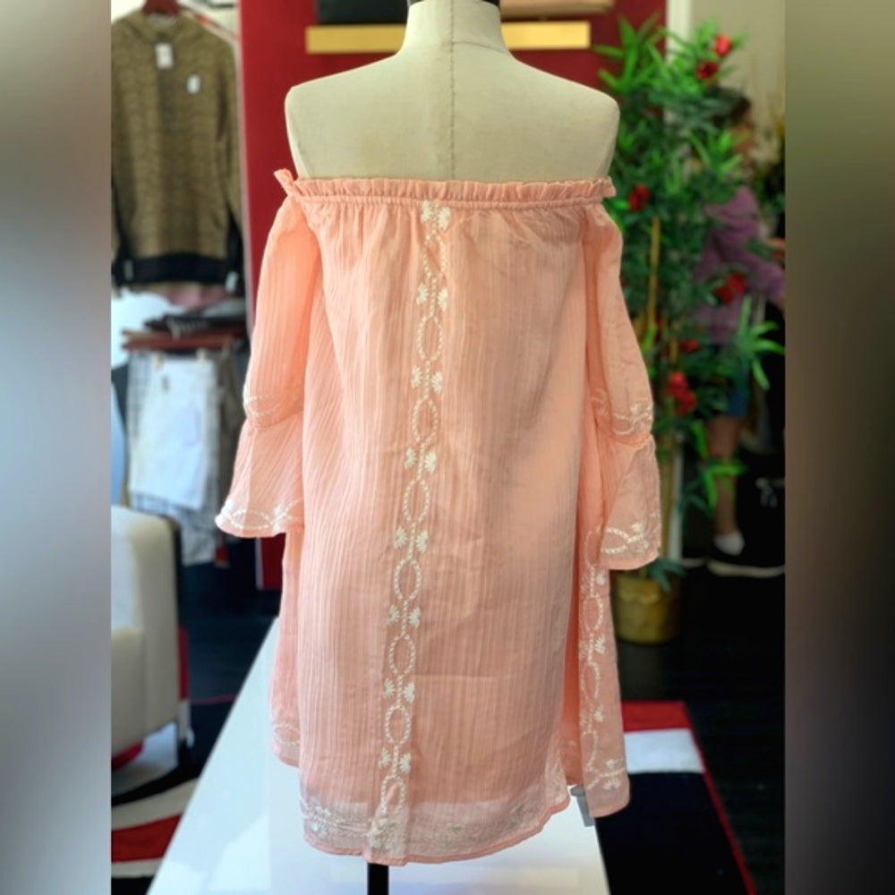 Foxiedox Pink White Embroided Off Shoulder Dress