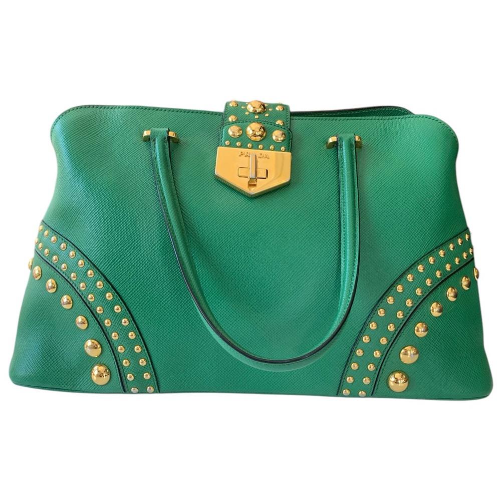 Prada Green Saffiano Cuir Leather Studded Satchel