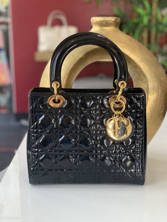 Christian Dior Black Patent Leather Lady Dior Handbag