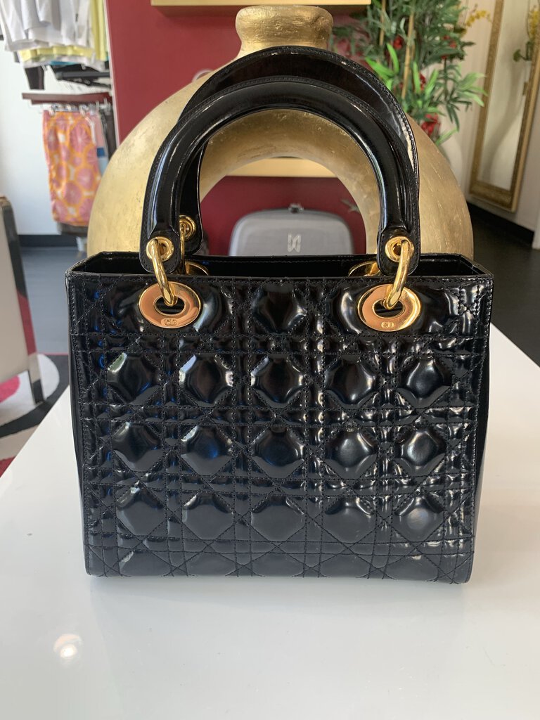 Christian Dior Black Patent Leather Lady Dior Handbag