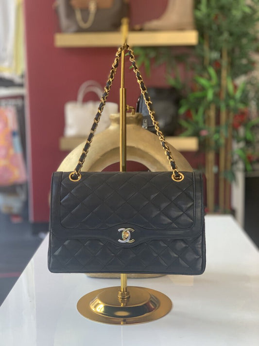 CHANEL PARIS BLACK QUILTED TWO TONE DOUBLE FLAP