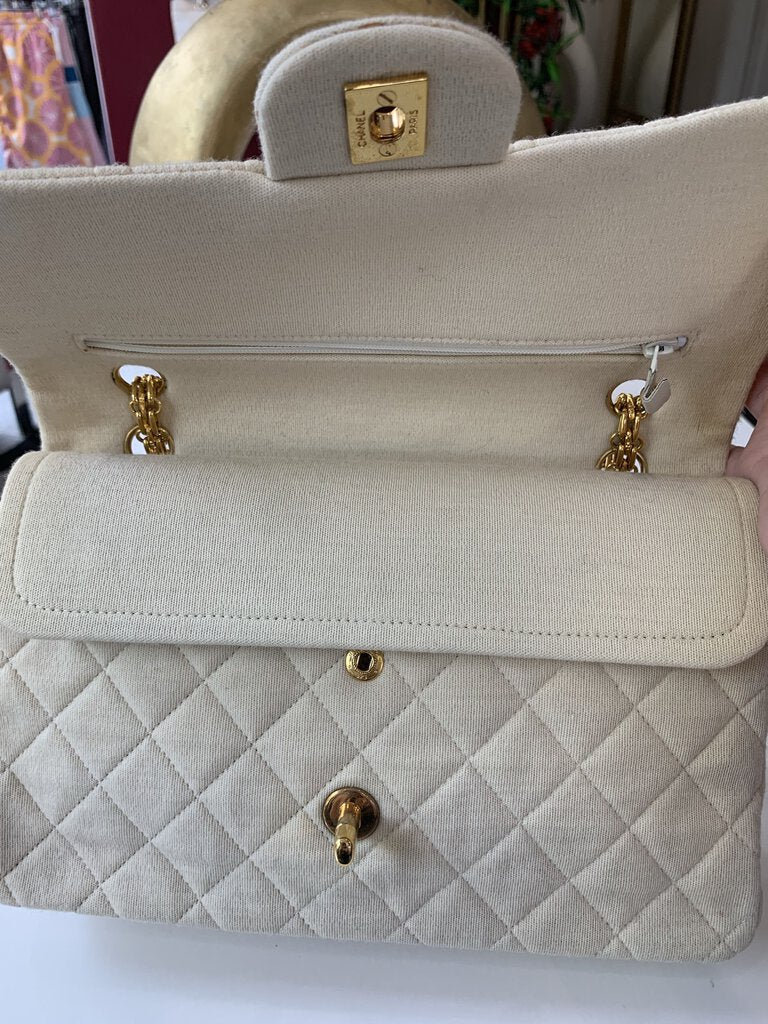 Chanel Beige Cotton Double Flap Quilted Handbag