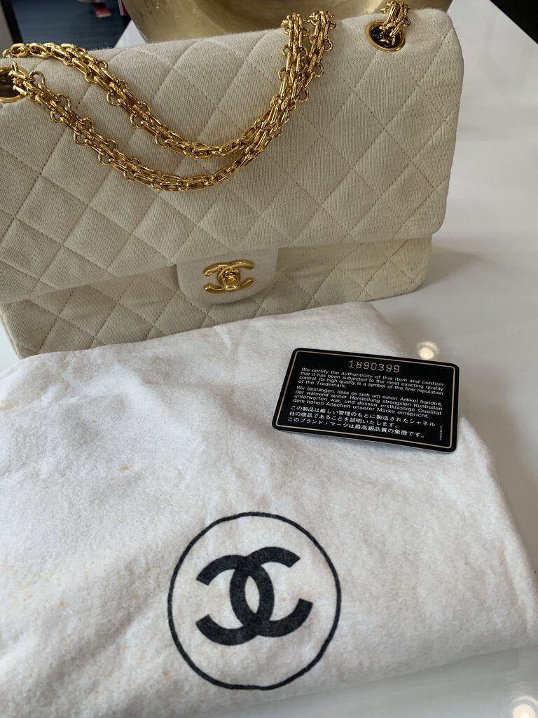 Chanel Beige Cotton Double Flap Quilted Handbag