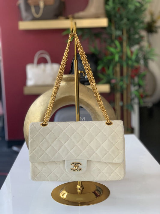 Chanel Beige Cotton Double Flap Quilted Handbag