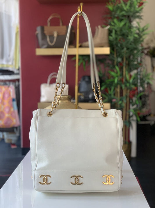 Chanel White CC Cavier Leather Shoulder