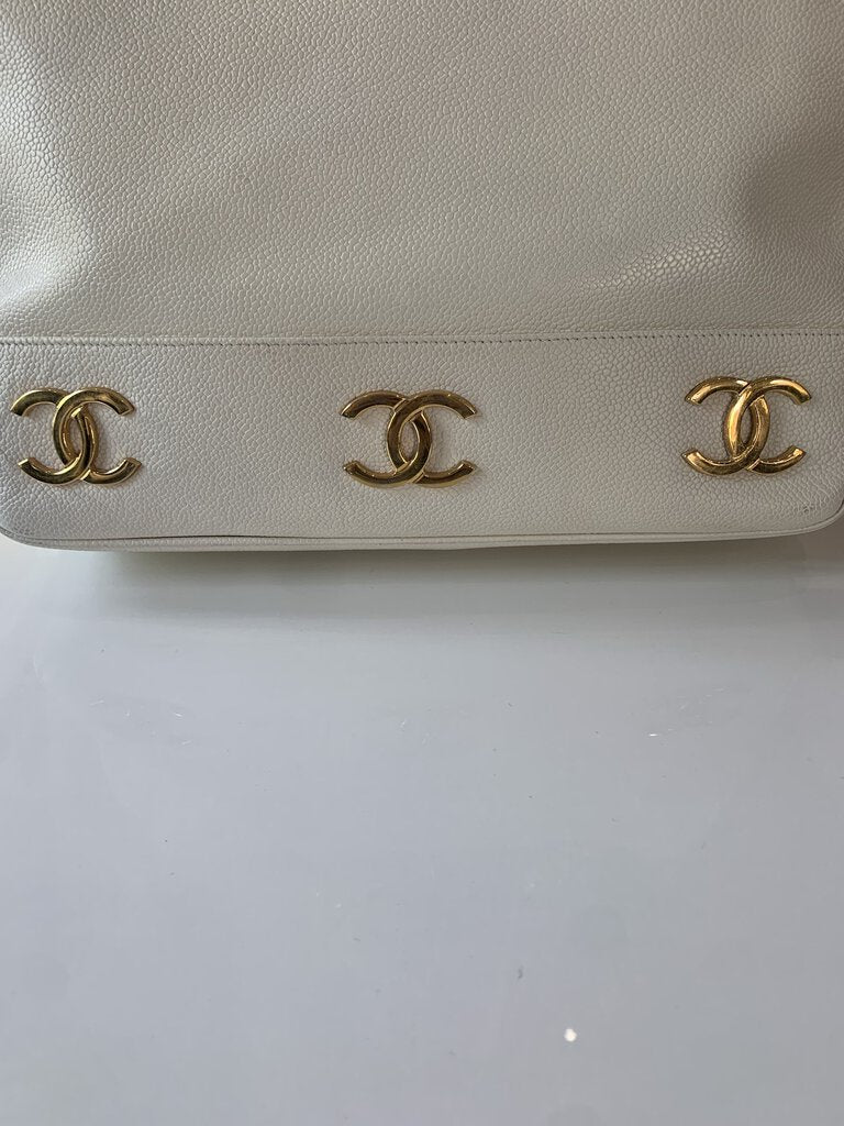 Chanel White CC Cavier Leather Shoulder