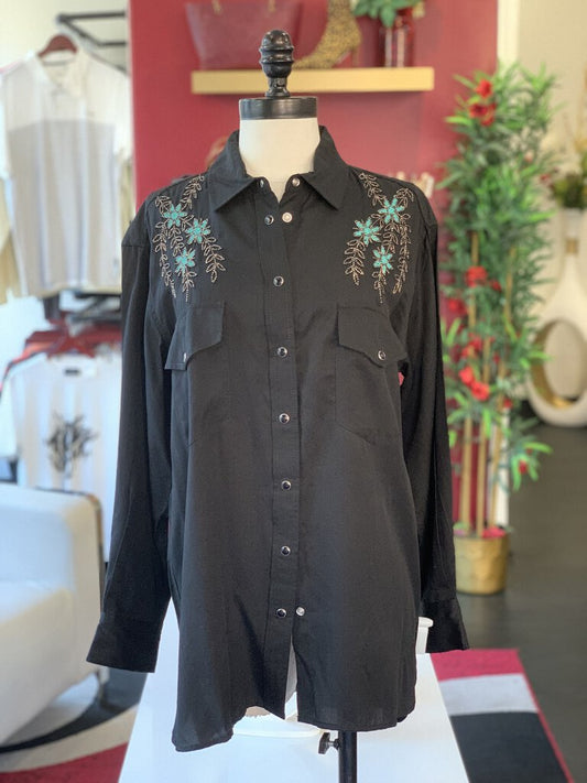 The Kooples Black L/S Western Shirt w/ Floral Beading *orig retail $250*