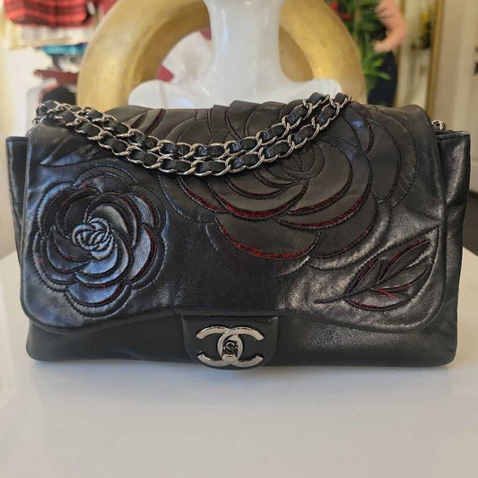 Chanel Black Lambskin Shanghai Camellia Flap Handbag