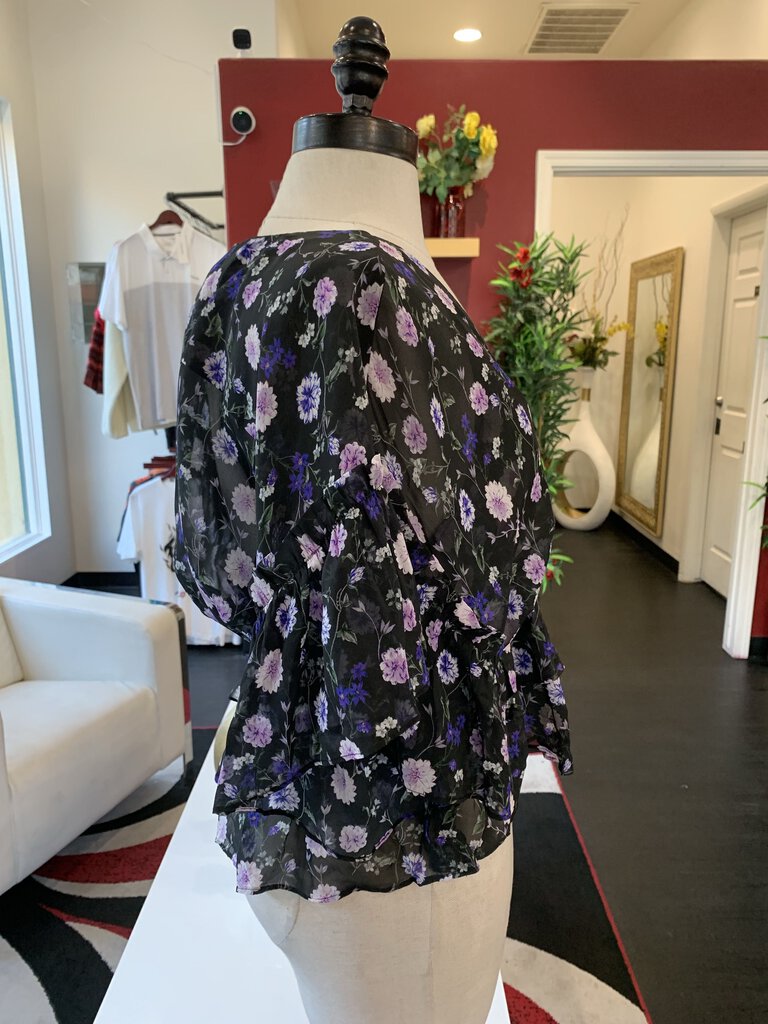 The Kooples Purple/Black Floral Ruffle S/S Blouse