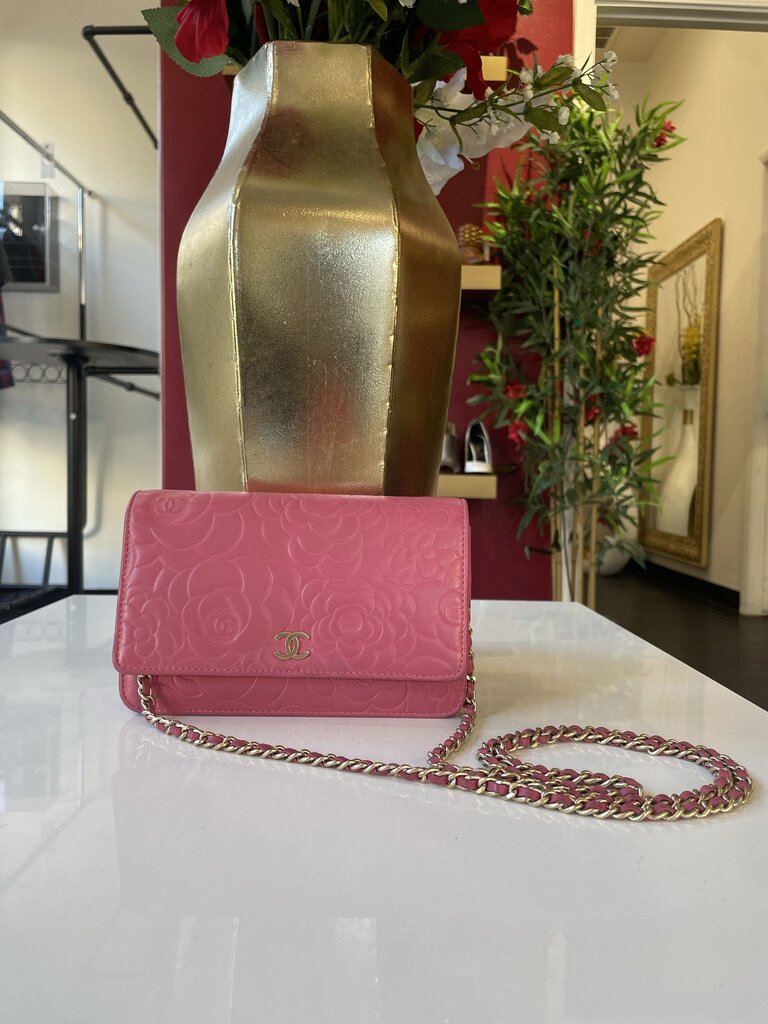 Chanel Pink Lambskin Embossed Camellia Wallet on Chain