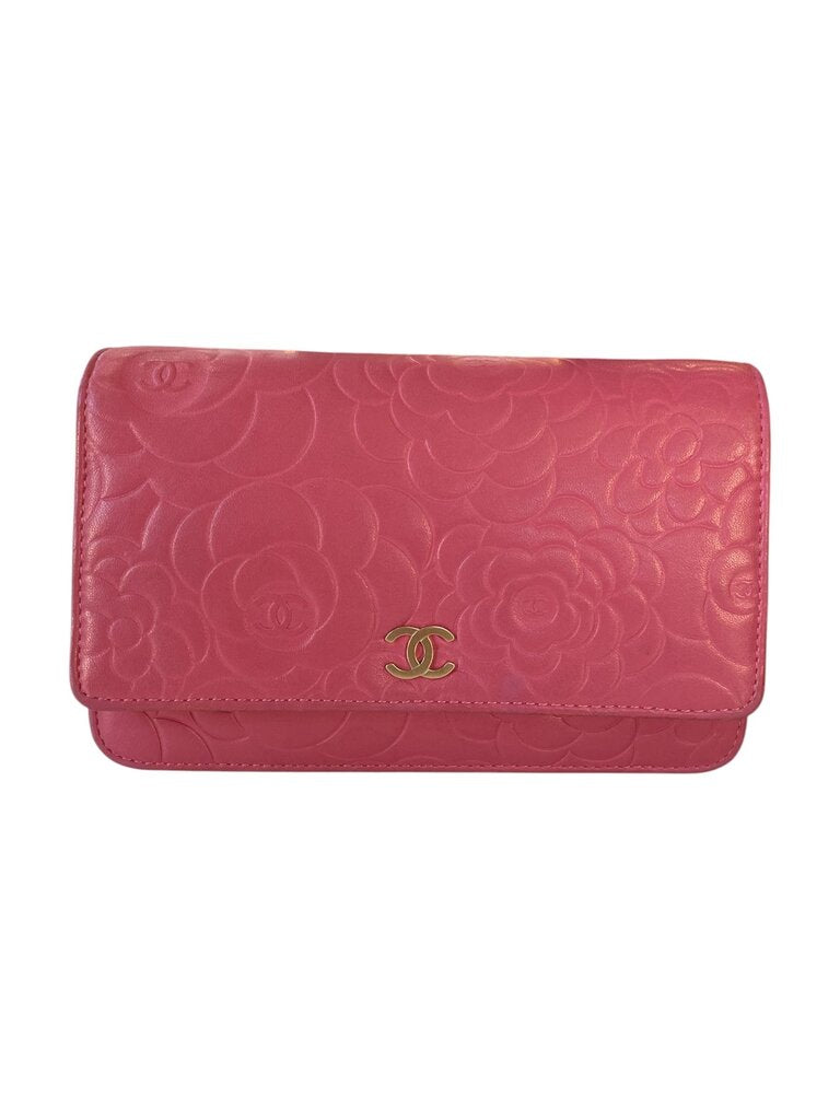 Chanel Pink Lambskin Embossed Camellia Wallet on Chain