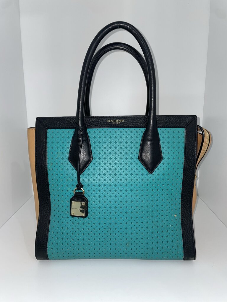 Henri Bendel Turquoise Black Rivington Perforated Tote Bag
