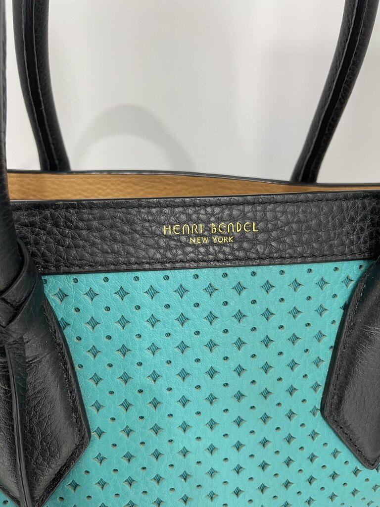 Henri Bendel Turquoise Black Rivington Perforated Tote Bag