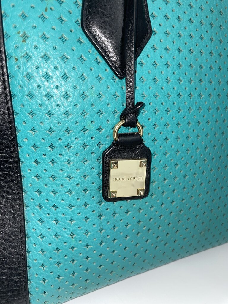 Henri Bendel Turquoise Black Rivington Perforated Tote Bag