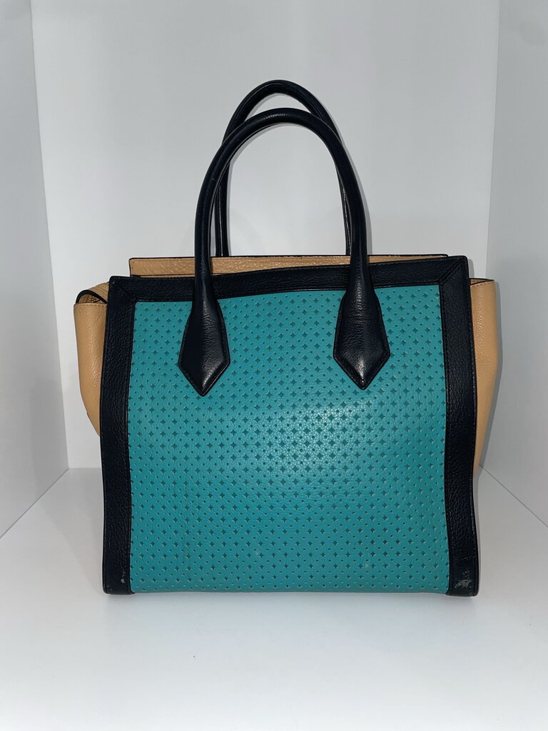 Henri Bendel Turquoise Black Rivington Perforated Tote Bag